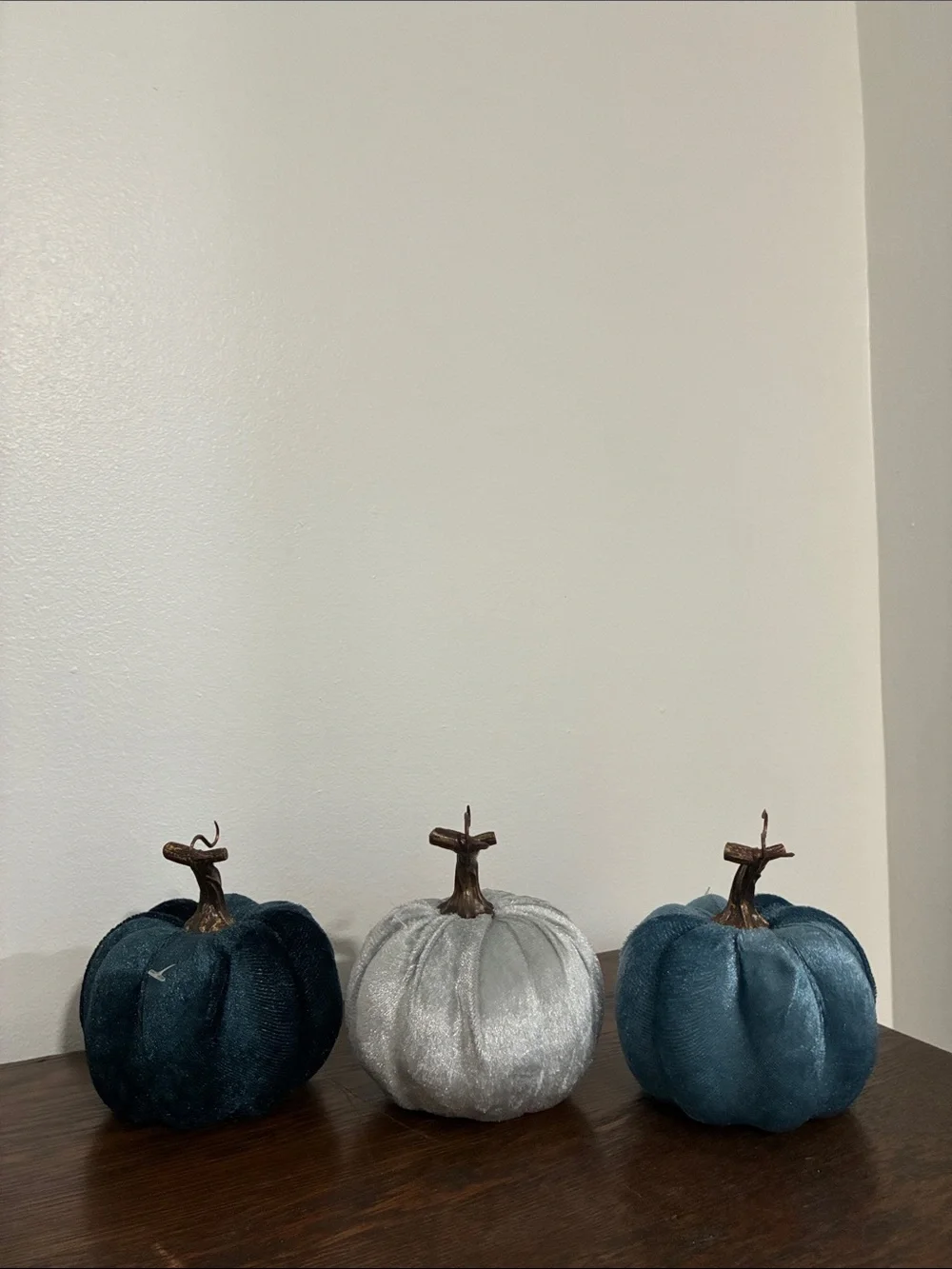 NWT Set of 3- Velvet Pumpkins- Dark Blue, Silver, Teal Fall Holiday Decorations